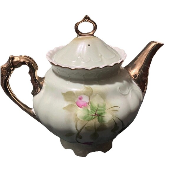 Teapot w/ Lid Heritage Green by Lefton VNTG Green Gold Trim and Pink Floral 792 - Picture 4 of 16